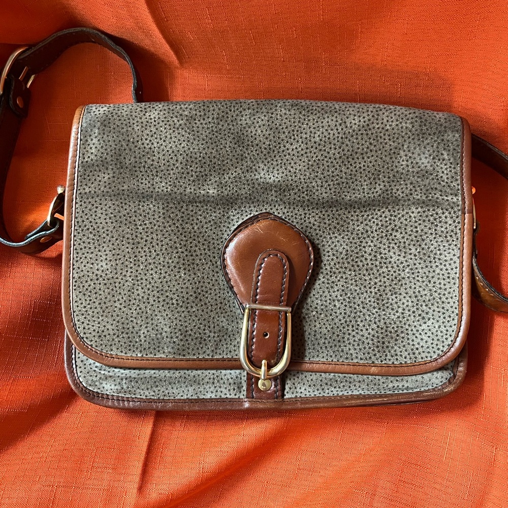Taupe Crossbody Bag with Brown Leather Trim and Buckle